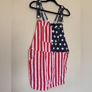 American Flag Overalls Mini Dress Sz 2XL Gold Buttons Patriotic USA Bib Straps